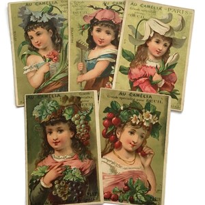 RESERVIERT für LAREN JULI 1st Antique French Trade Cards - Set mit 5 Blumenmädchen - Viktorianische Werbung Ephemera, spätes 1800s
