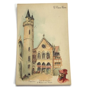 Cartão postal antigo de Paris – Tour du Louvre e Maison aux Piliers, vista ilustrada