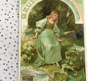 RISERVATO per ADRIENNE 1 GIUGNO Cartolina pubblicitaria Liebig antica – Scena con colori arcobaleno verdi, rana e signora