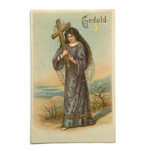 Antique Religious Postcard – Angel with Cross, ‘Geduld’ (Patience in Dutch), Embossed