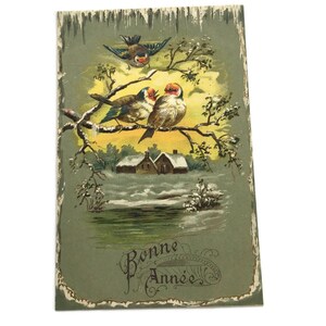 Vintage Embossed Postcard – Winter Birds – Snowy Landscape Ephemera