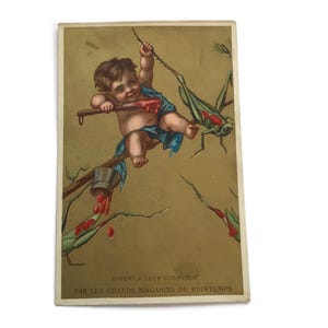 Antieke Franse Trade Card – 19e-eeuwse reclame met baby en sprinkhanen, Au Printemps Parijs