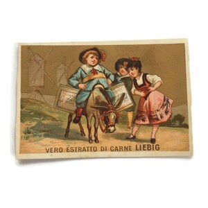 Antike Italienische Liebig Karte – Esel & Kindermotiv | Mögliche Don Quijote-Referenz, Werbung des 19.Jahrhunderts