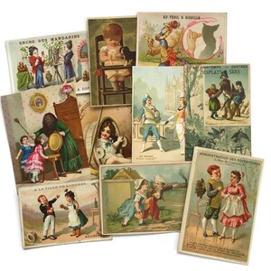Lote de 10 cartões comerciais franceses antigos • Pacote de itens efêmeros com falhas • Anúncios vintage charmosos e impressões colecionáveis