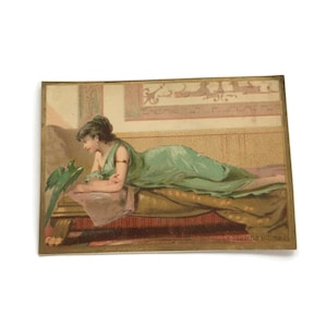 Antike Französische Handelskarte – Jugendstil Dame mit Papagei | Doucet Werbung Ephemera