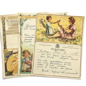 Telegramas belgas ilustrados de la década de 1950 / Conjunto de 3 cartas de felicitación de boda de estilo Art Nouveau / Efímera vintage de Bélgica