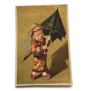 Antique French Trade Card – Child with Umbrella and Parasol  – 1800s Costume Scene