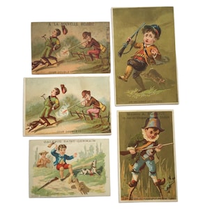 Tarjetas comerciales francesas antiguas: escenas de caza con niños de finales del siglo XIX