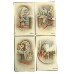 Set di 4 biglietti d'auguri vintage italiani per la Santa Comunione - Angeli e scene d'altare