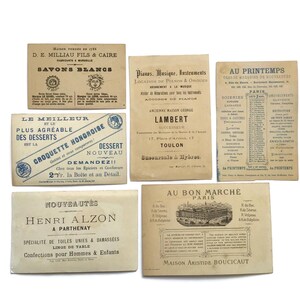 Antieke Franse ruilkaarten – Set van 6 typografische reclameachterkanten (eind 1800-1900)