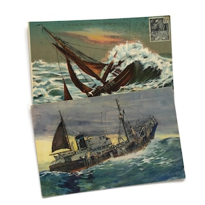 Coppia di cartoline di mare in tempesta – Arte nautica d'epoca con barche da pesca in acque agitate – Illustrazioni marine francesi