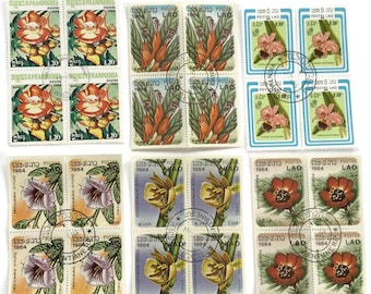 Vintage Laos Stamp Blocks, 1984 L’Art Lao Set, Used Asian Craft Ephemera