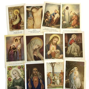 Vintage Duitse heilige kaarten – Set van 12 geïllustreerde katholieke prenten – Lichte slijtage, Jezus en Maria-thema's