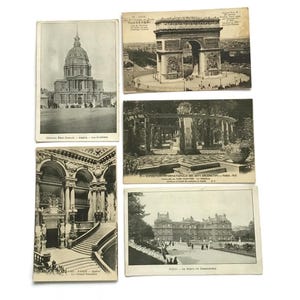 Vintage ansichtkaarten met bezienswaardigheid Parijs – Set van 5 zwart-witte Franse architectuurkaarten (versleten en defect)