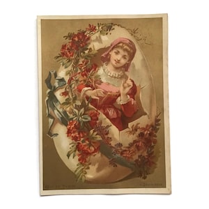 Antieke Franse Trade Card – Kind met bramen in gebarsten paasei