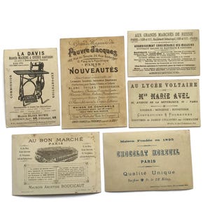 Antieke Franse ruilkaarten – Set van 6 reclameachterkanten met typografie en logo's (1800-1900)