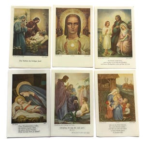 Zestaw 6 zabytkowych niemieckich druków religijnych – Najświętsze Serce, Święta Rodzina, Sceny biblijne (lata 50. i 60. XX wieku)
