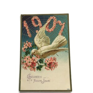 Carte postale ancienne du Nouvel An de 1907 - Colombe en relief et motif floral - Gelukkig Nieuwjaar - Éphémères vintage