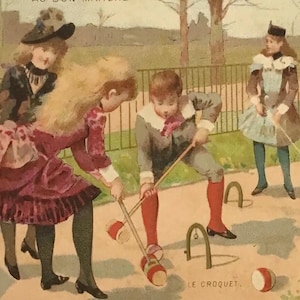 Antike französische Handelskarte – Au Bon Märzé Paris – Krocketspielszene – 19tes Jahrhundert Werbeephemera