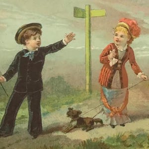Carta commerciale francese d'epoca - Cromolitografia del XIX secolo - Ragazzo e ragazza - "On Se Quitte Le Samedi"