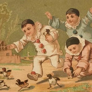 Antique French Trade Card – Pierrot & Chicks – 19th Century Comic Illustration – Vintage Ephemera Collectible