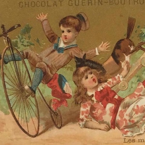 Antike französische Schokoladenhandelskarte – Guérin-Boutron | Viktorianische Kinder auf Fahrrad | 1800 Werbung, Ephemera