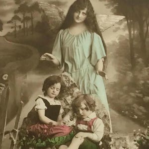 Antique French Postcard – Guardian Angel with Children, Hand-Tinted c1910