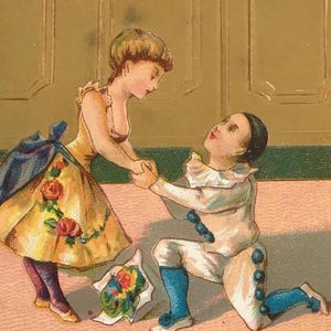 Antique Victorian Trade Card – Pierrot, Young Lady & Harlequin – 19th Century Lithograph