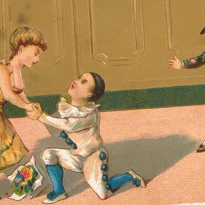 Cartes postales anciennes de l'époque victorienne – Pierrot, jeune femme et arlequin – Lithographie du XIXe siècle