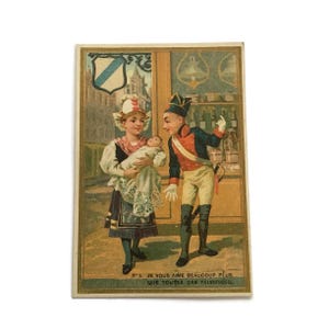 Vintage französische Handelskarte - Soldat und Mutter mit Baby - Werbedruck aus dem 19