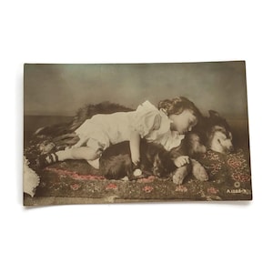 Antique Hand-Painted Real Photo Postcard – Sleeping Child with Dog & Puppy – Rotary Photo, Early 1900s