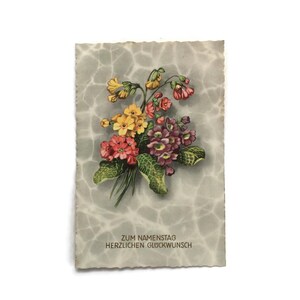 Vintage Österreichische Namenstag Postkarte – Blumenstrauß – Ephemera aus den 50er Jahren