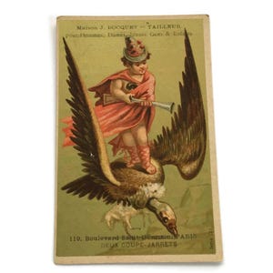 Antike französische Handelskarte – Mythologischer Krieger & Adler – Werbung von Maison J. Bocquet