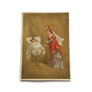 Antieke Franse Trade Card – Elegant Lady & Baby in Cradle – Eind 19e eeuw