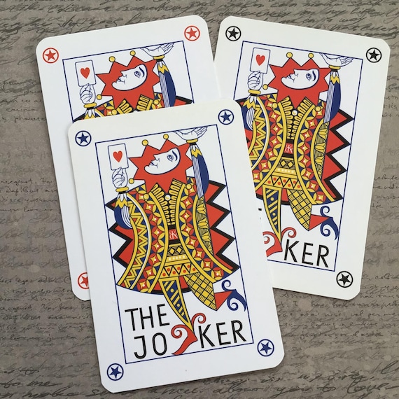 Vintage-style Joker Playing Card, Random Single, Red Yellow & Blue