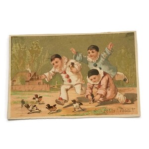 Antique French Trade Card – Pierrot & Chicks – 19th Century Comic Illustration – Vintage Ephemera Collectible