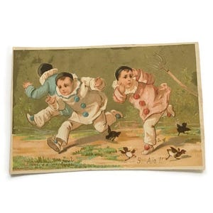 Antique French Trade Card – Pierrot Comic Scene with Pitchfork – 19th Century Illustration – Vintage Ephemera