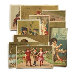 Carte commerciali antiche per bambini – Pacchetto misterioso di 5 litografie francesi – Effimere cartacee dell'epoca vittoriana