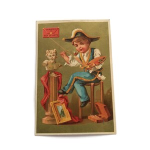Carte de commerce d'antiquités – Ministère des Beaux-Arts – Enfant artiste peinture sculpture – c. Fin des années 1800