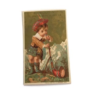 Carte de commerce française ancienne – Garçon jouant du cor – Lithographie des années 1890