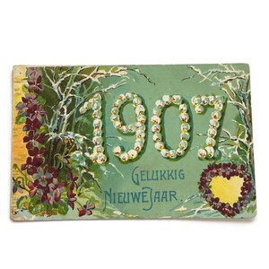 Ancienne carte postale du Nouvel An 1907 - Carte de voeux néerlandaise en relief - Éphémères de collection