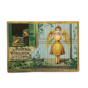 Cartão de Comércio Francês Antigo – Cena de Fantasia Real de Windsor com uma Garota de Asas Amarelas em uma Gaiola