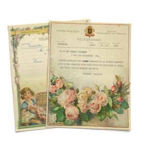 Coppia di telegrammi belgi vintage – Télégramme illustrato con scene floreali e urbane degli anni '40 da Royaume de Belgique / Set romantico di effimeri di carta