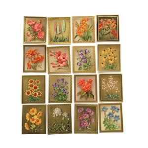 16 cartes-étiquettes vintage - Lithographies florales - Impressions florales allemandes des années 50 - Éphémères botaniques - Papier de collection rétro
