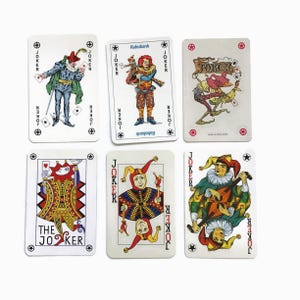 Vintage Joker Playing Card Lot – Colourful Harlequin & Musician Jesters – Set of 6