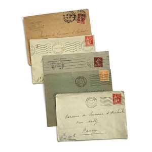 Sobres franceses antiguos / Efímeras de las décadas de 1930 y 1940 con matasellos y sellos / Cartas antiguas a Nancy en blanco para diarios y manualidades de papel