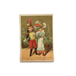 Vintage französische Handelskarte - Soldat und Lady Illustration, Troyes Charcuterie Werbung