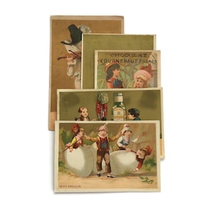 Vintage French Trade Cards Bundle — 5er Set | Überraschungs-Ephemera-Pack | Viktorianische Werbekarten | Antikes Papier Ephemera