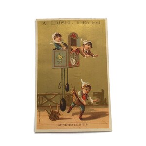 Antike französische Handelskarte – Kinder & Kuckucksuhr – Humorvolle Werbeephemera