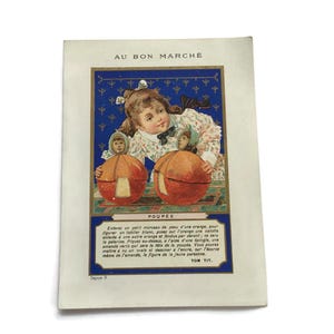 Viktorianische französische Handelskarte – Orangenschalenpuppen – Kinderhandwerk Illustration – Au Bon Märzé – c.1890s